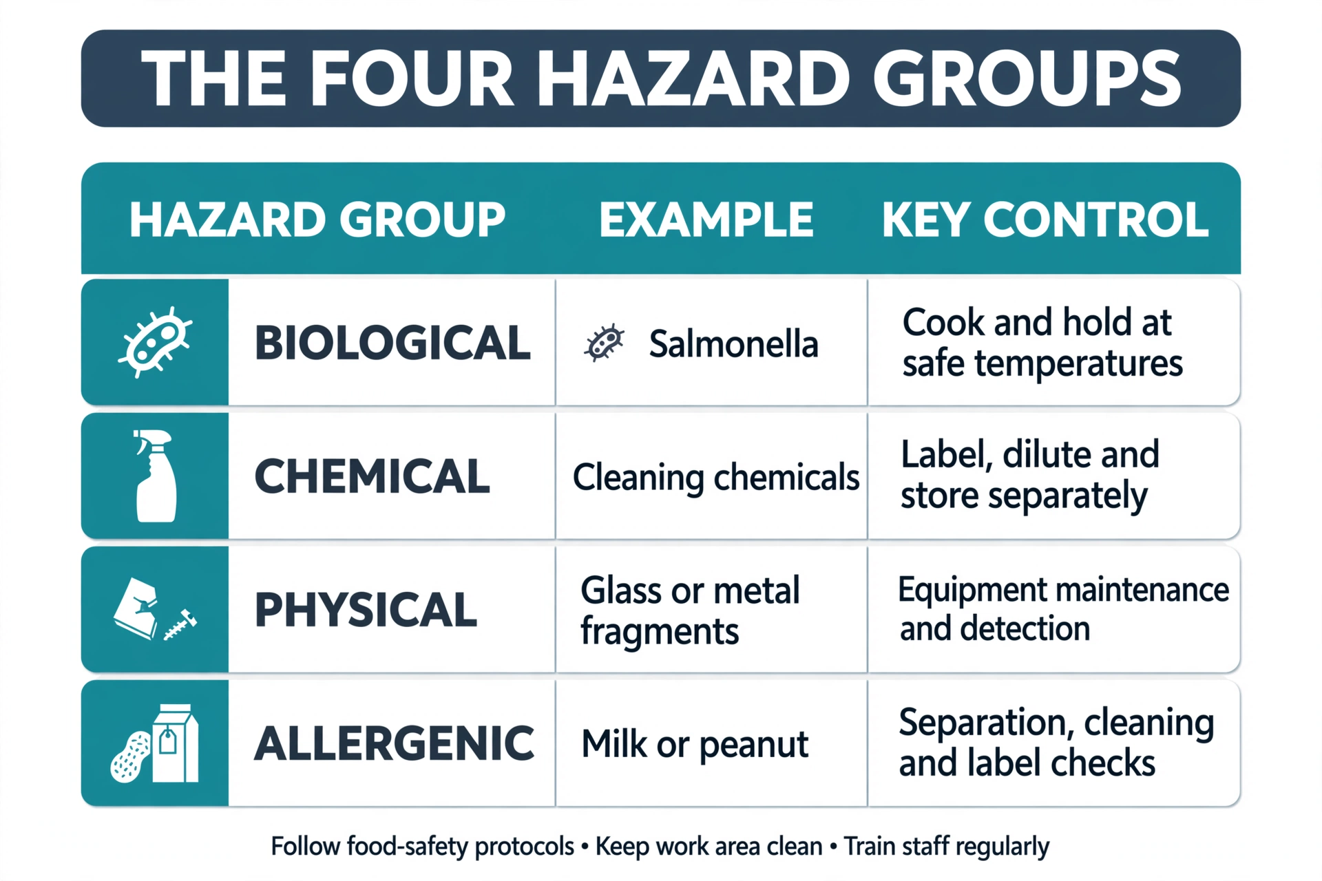 Summary chart of the four food hazard groups with one example and one key control for each