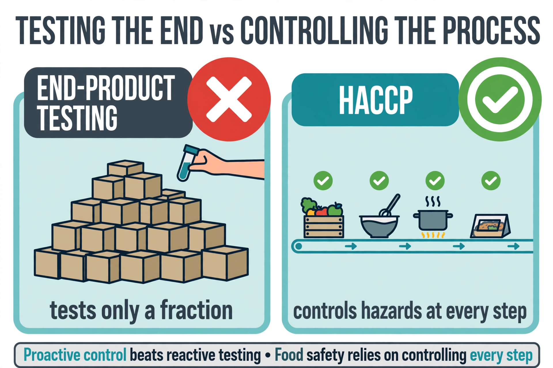 Comparison graphic showing end-product testing sampling only a fraction of output versus HACCP controlling hazards at every process step