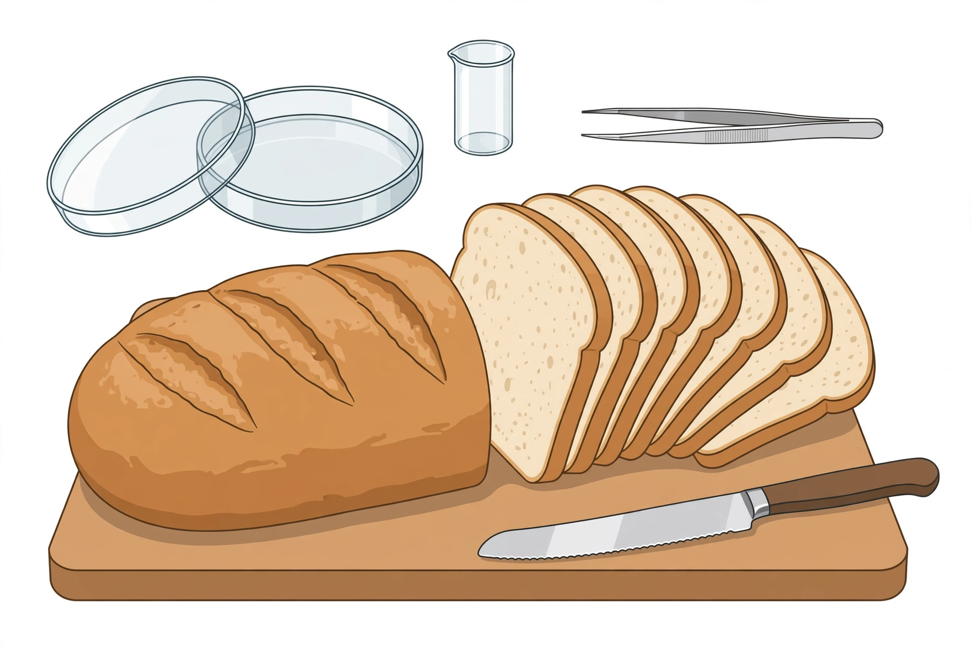 Bread loaf cut into thin slices on a board for sample preparation