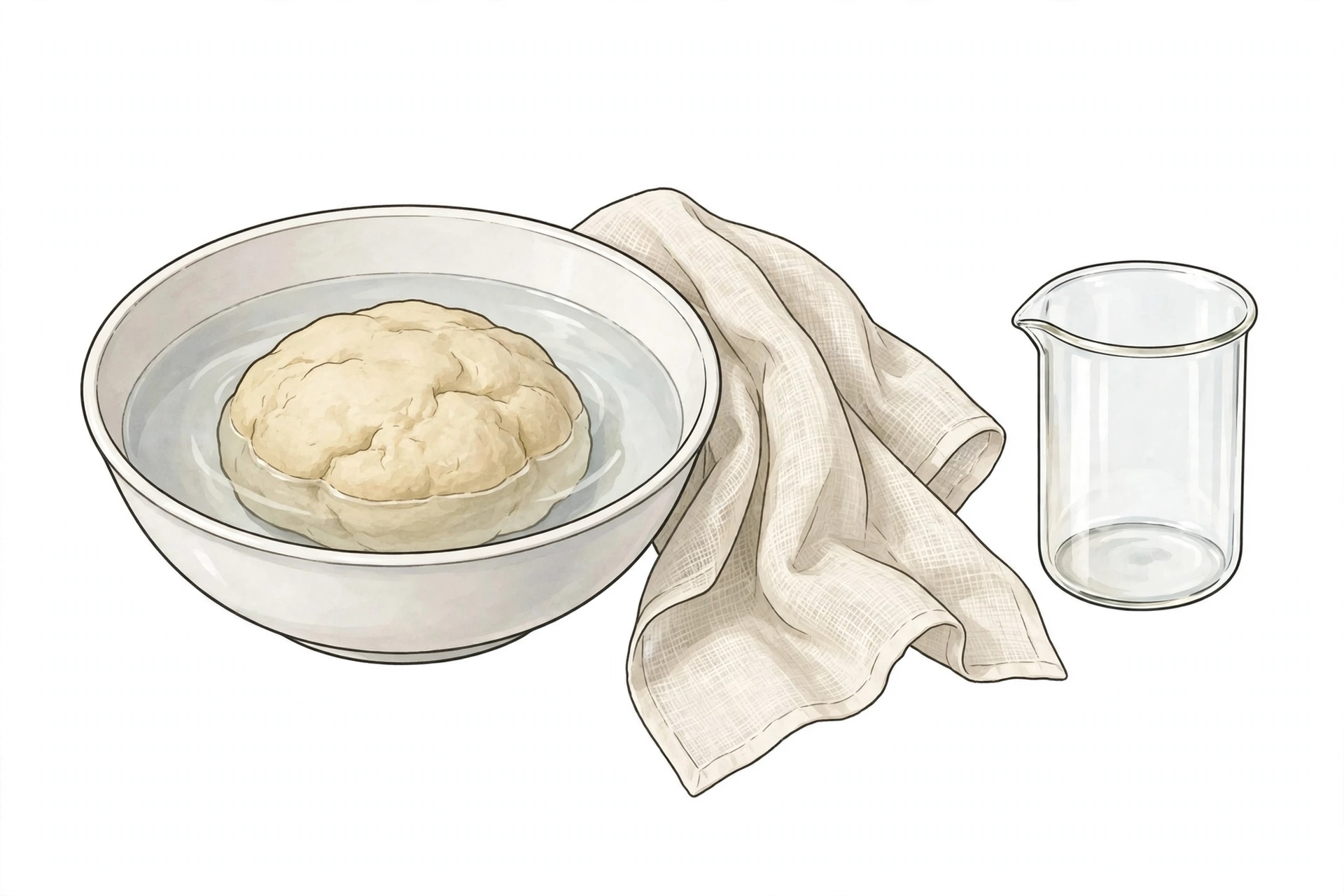Dough soaking in a bowl of water with muslin cloth for gluten washing