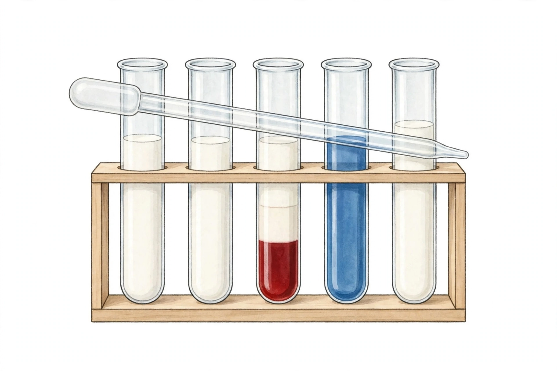 Test tubes of milk samples in a rack for qualitative detection tests