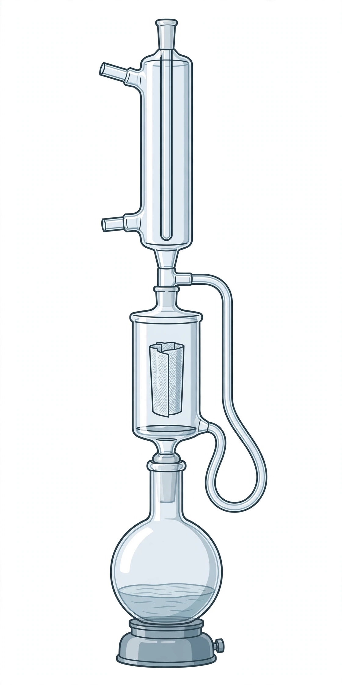 Soxhlet extraction apparatus with condenser, extractor body and flask