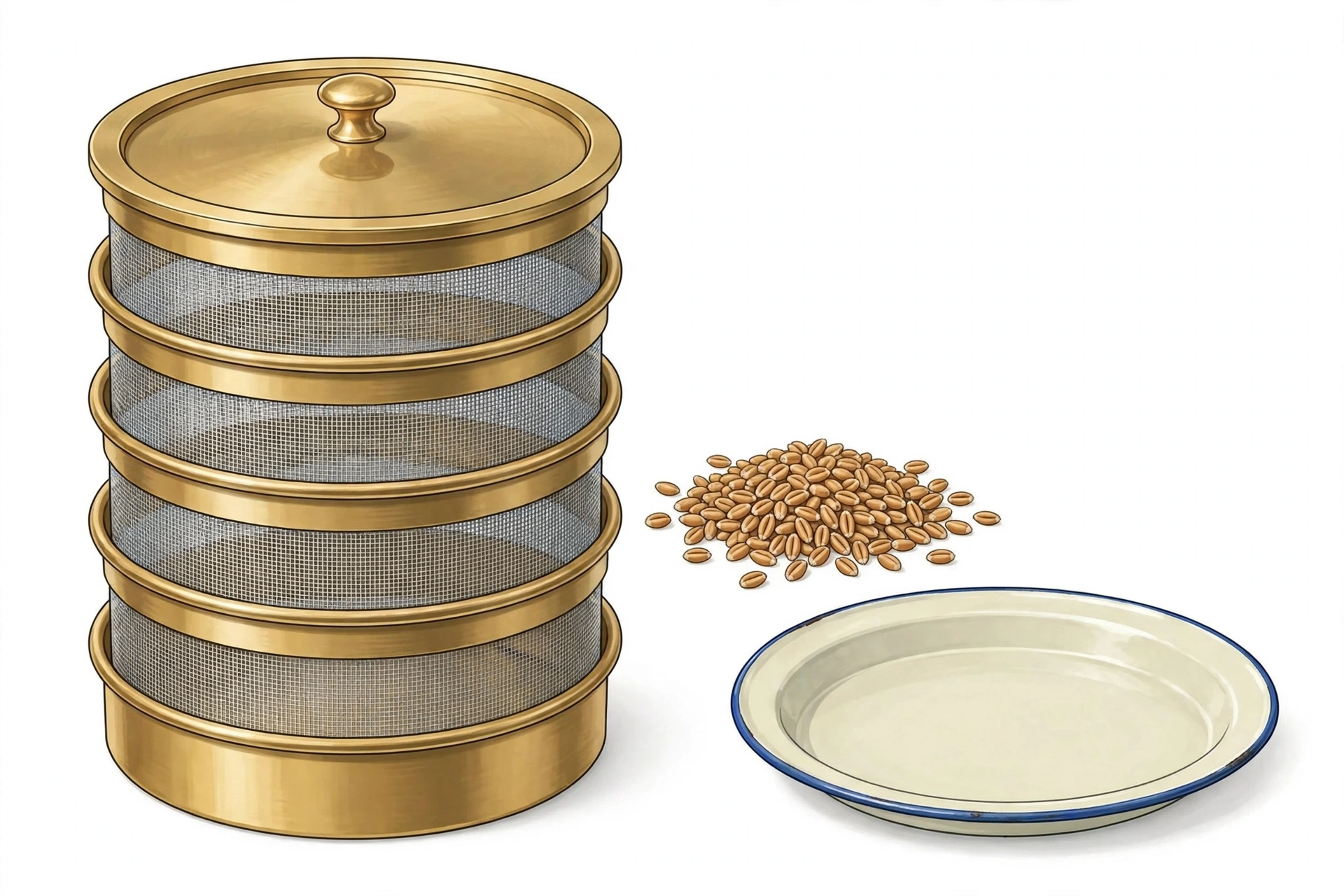 Stack of test sieves with enamel tray and grain sample