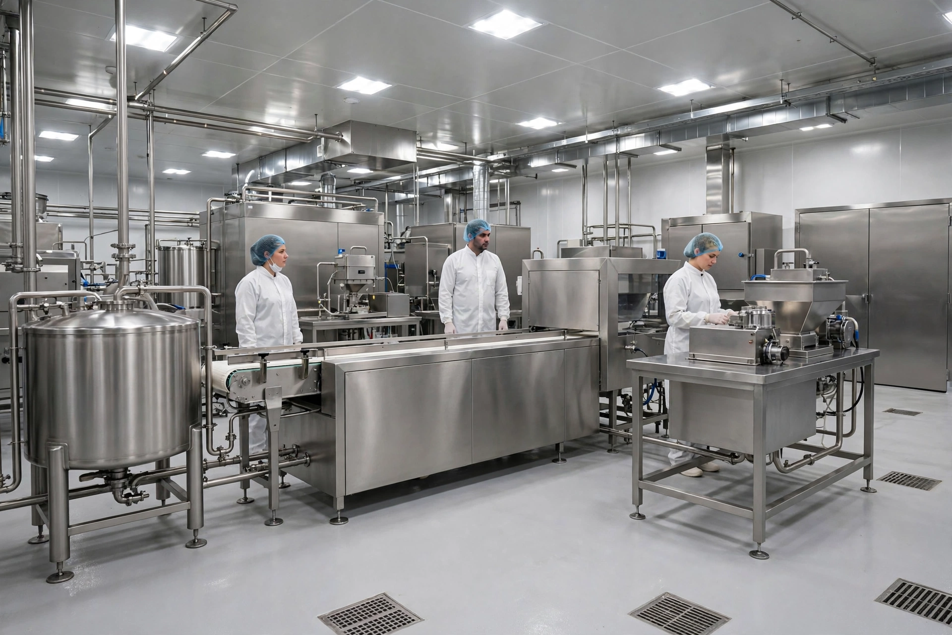 Clean, well-lit food processing plant floor under GMP conditions