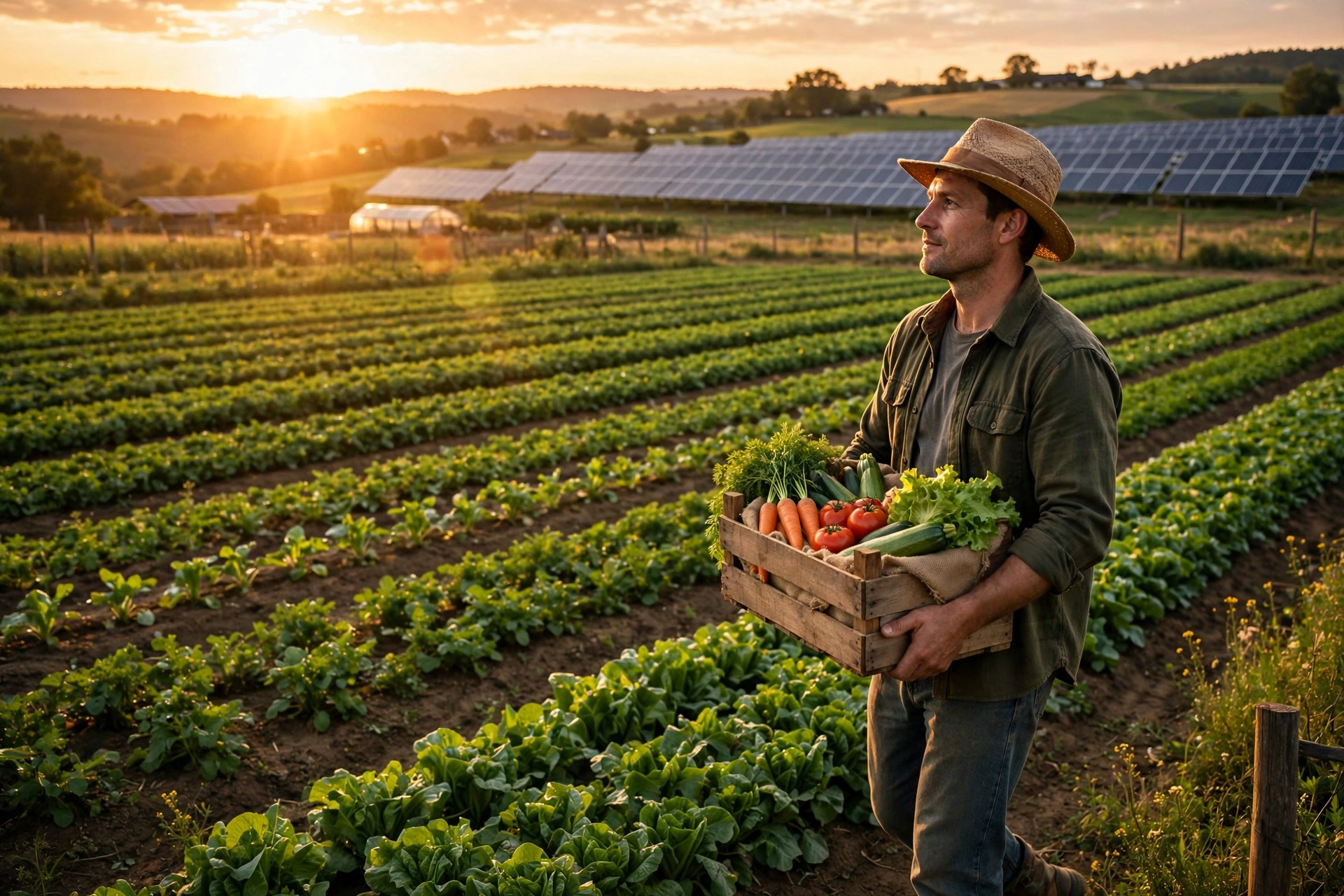 Food sustainability quiz - sustainable farming at sunset