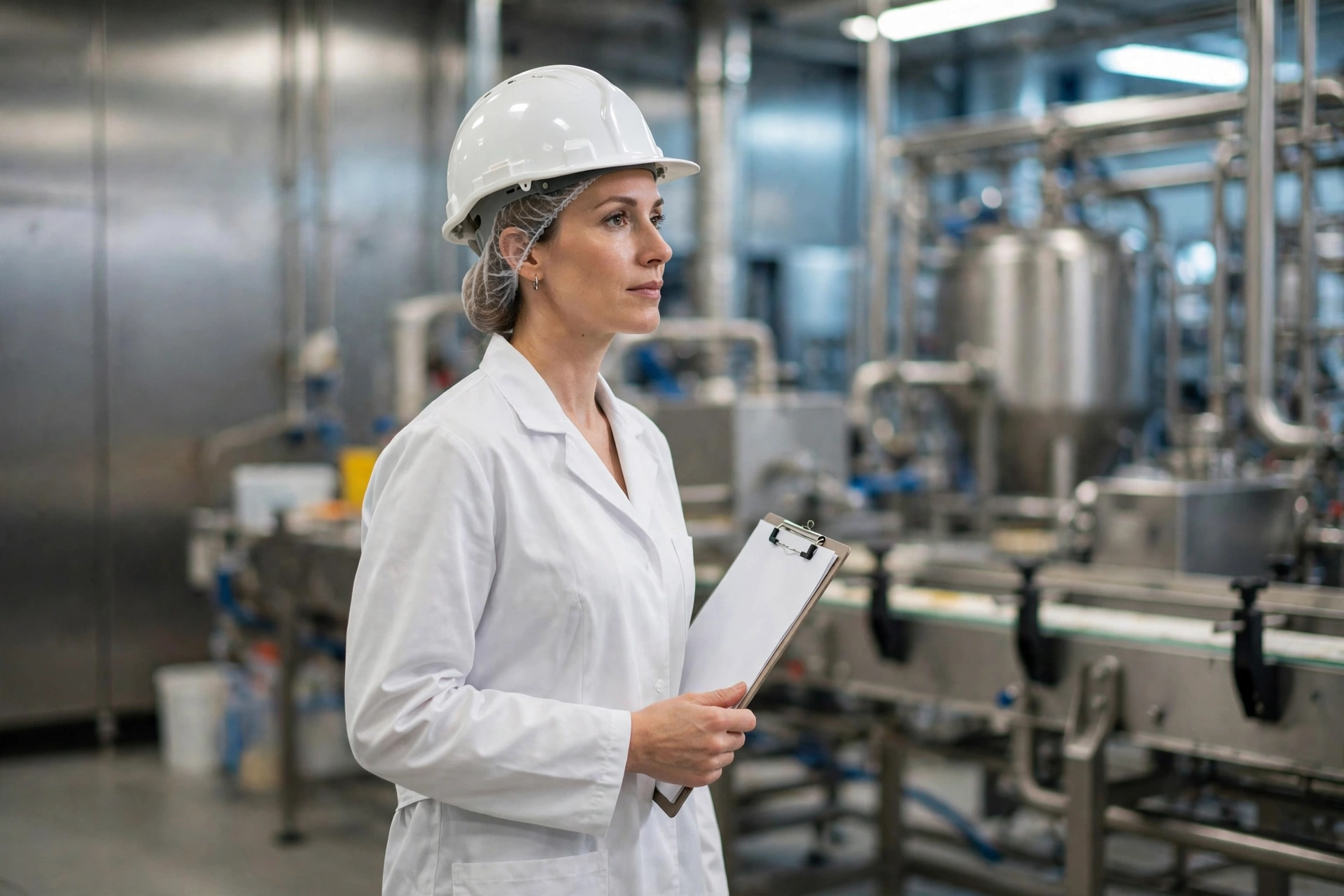 Food safety auditor with clipboard inspecting a modern food processing plant
